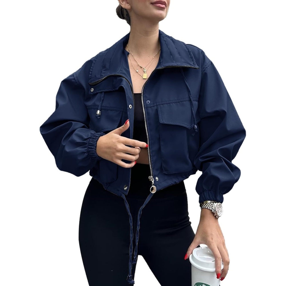 image:imageTankaneo Womens Cropped Jacket Zip Up Lightweight Oversized Utility AnorakNavy
