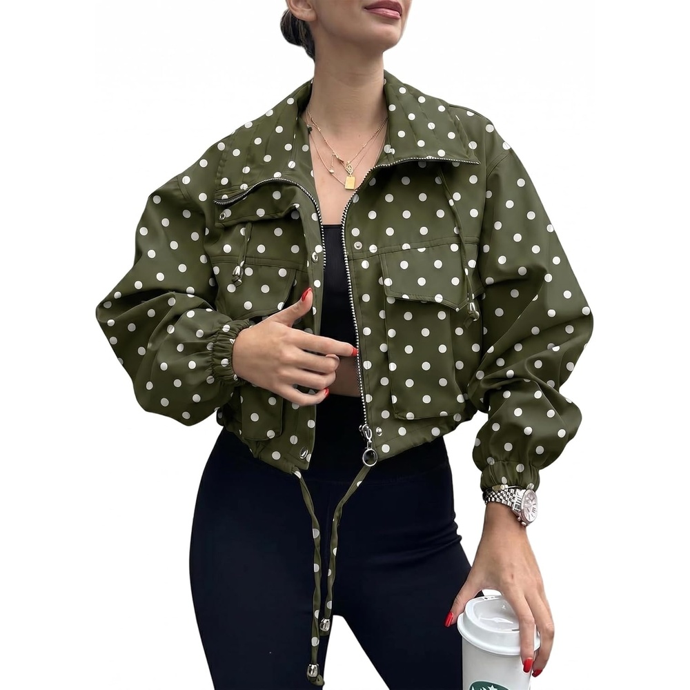 image:imageTankaneo Womens Cropped Jacket Zip Up Lightweight Oversized Utility AnorakPolka Dots Army Green