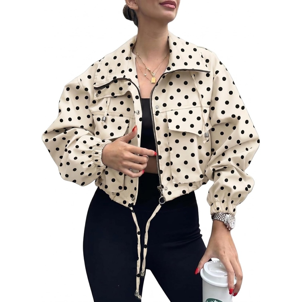 image:imageTankaneo Womens Cropped Jacket Zip Up Lightweight Oversized Utility AnorakPolka Dots Beige