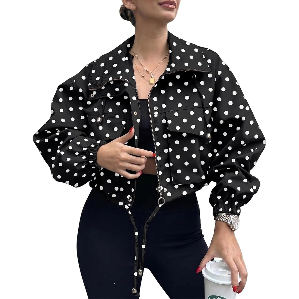 image:imageTankaneo Womens Cropped Jacket Zip Up Lightweight Oversized Utility AnorakPolka Dots Black