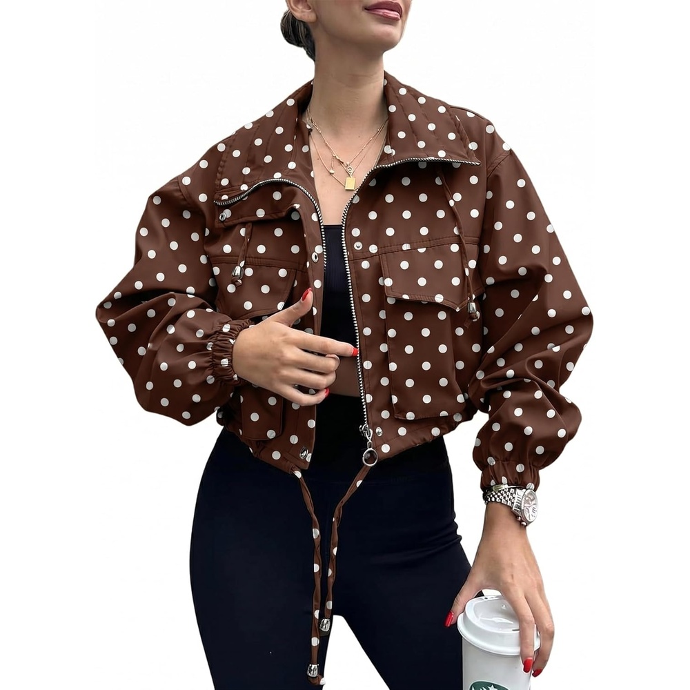 image:imageTankaneo Womens Cropped Jacket Zip Up Lightweight Oversized Utility AnorakPolka Dots Brown