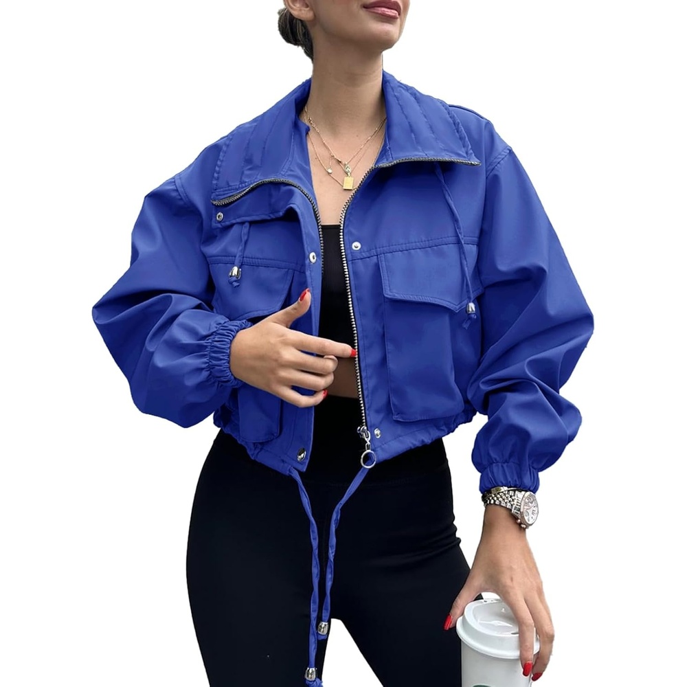 image:imageTankaneo Womens Cropped Jacket Zip Up Lightweight Oversized Utility AnorakRoyal Blue