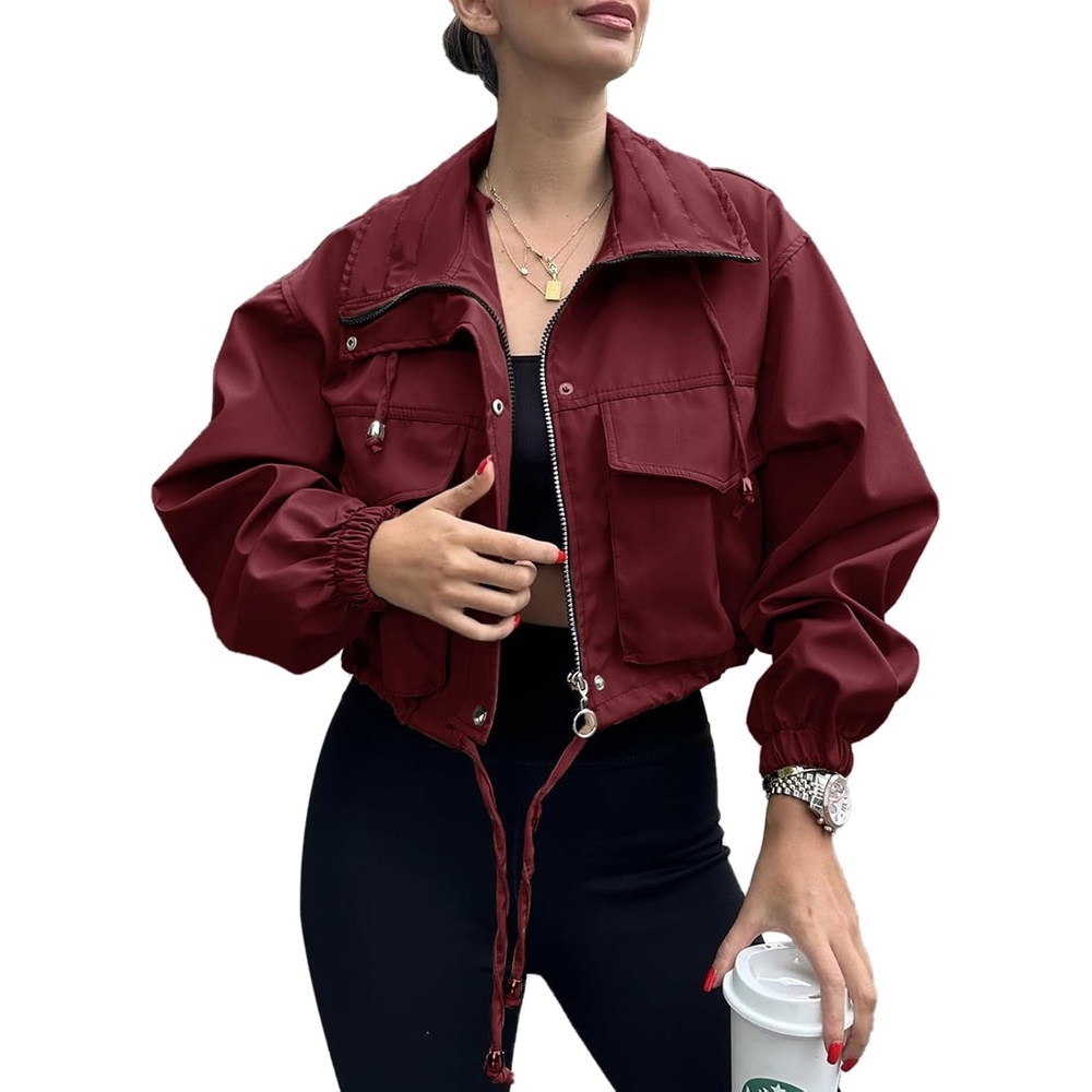 image:imageTankaneo Womens Cropped Jacket Zip Up Lightweight Oversized Utility AnorakWine Red