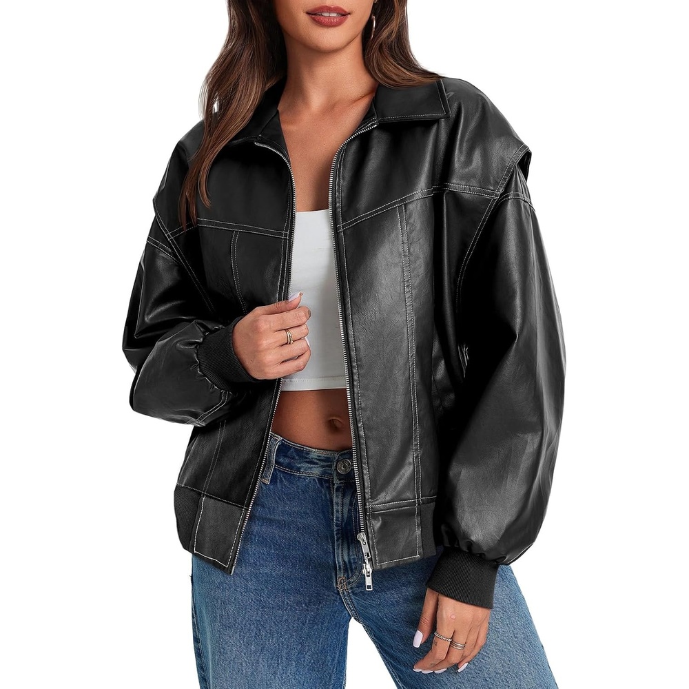image:imageTankaneo Womens Oversized Leather Bomber Jackets Zip Up Motorcycle CoatsBlack