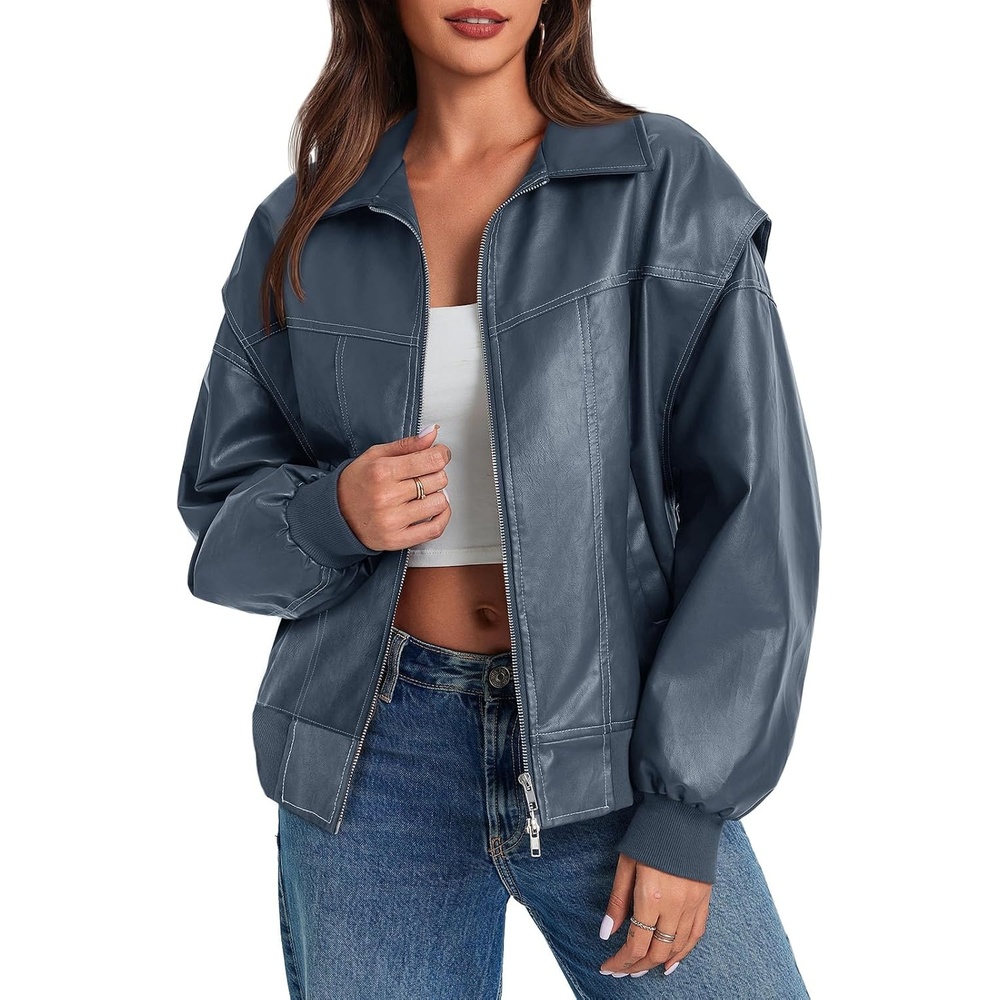 image:imageTankaneo Womens Oversized Leather Bomber Jackets Zip Up Motorcycle CoatsBlue Grey