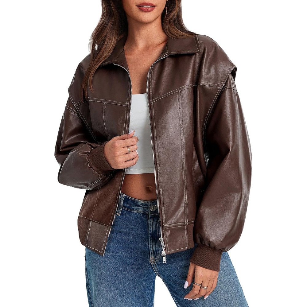 image:imageTankaneo Womens Oversized Leather Bomber Jackets Zip Up Motorcycle CoatsBrown