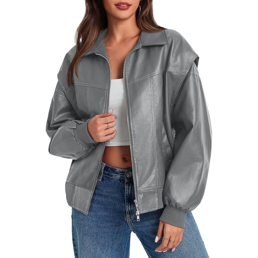 image:imageTankaneo Womens Oversized Leather Bomber Jackets Zip Up Motorcycle CoatsGrey