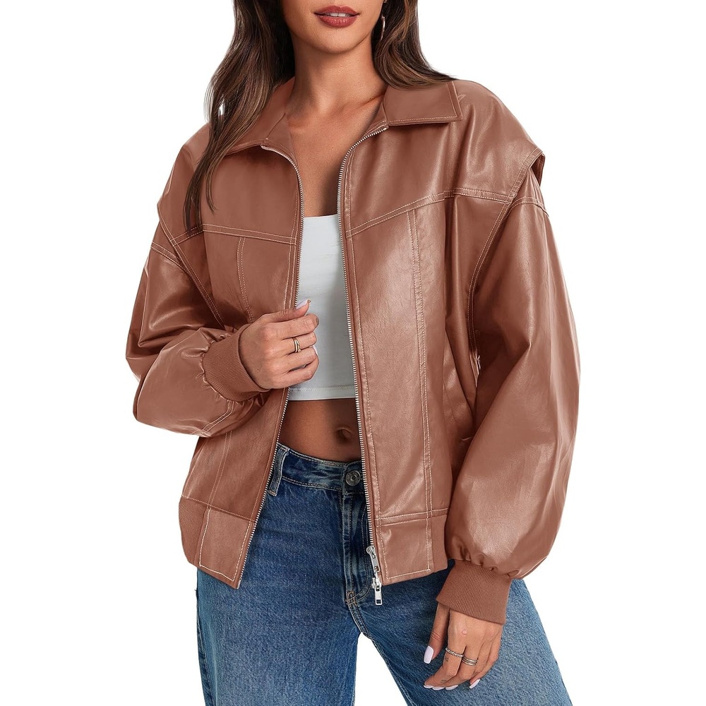 image:imageTankaneo Womens Oversized Leather Bomber Jackets Zip Up Motorcycle CoatsLight Brown