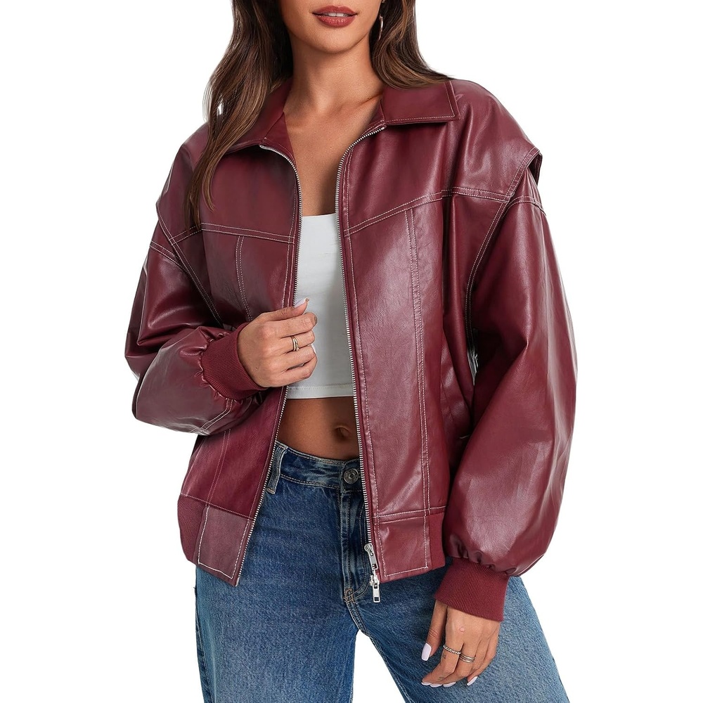 image:imageTankaneo Womens Oversized Leather Bomber Jackets Zip Up Motorcycle CoatsWine Red