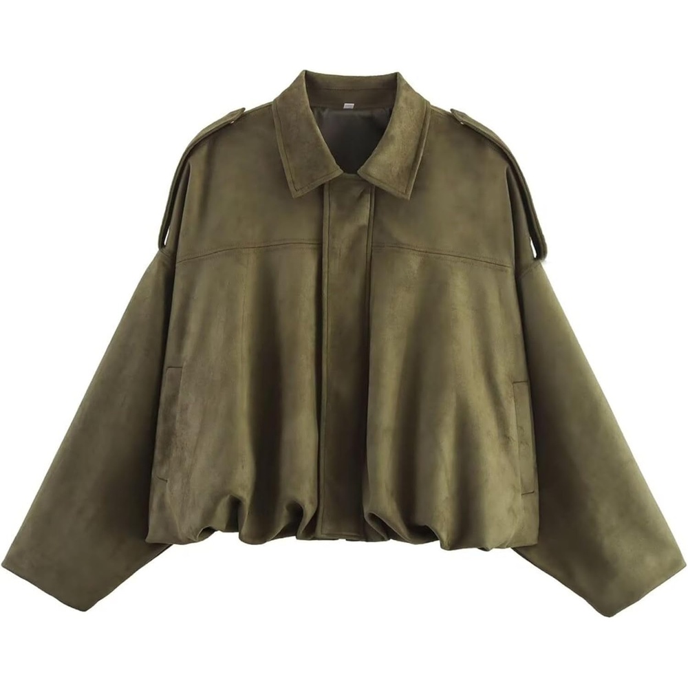 image:imageWomen Faux Suede Bomber Jacket Oversized Cropped Fall Winter Coat01 Army Green Pocket