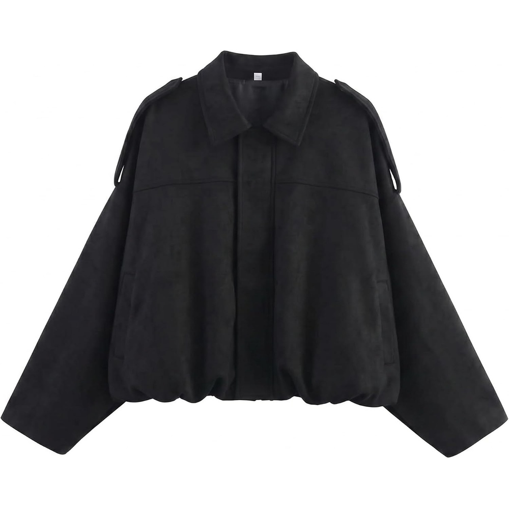 image:imageWomen Faux Suede Bomber Jacket Oversized Cropped Fall Winter Coat01 Black Pocket