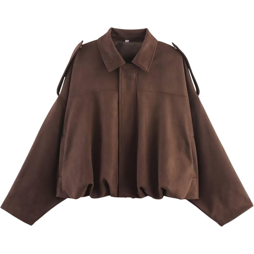 image:imageWomen Faux Suede Bomber Jacket Oversized Cropped Fall Winter Coat01 Coffee Pocket