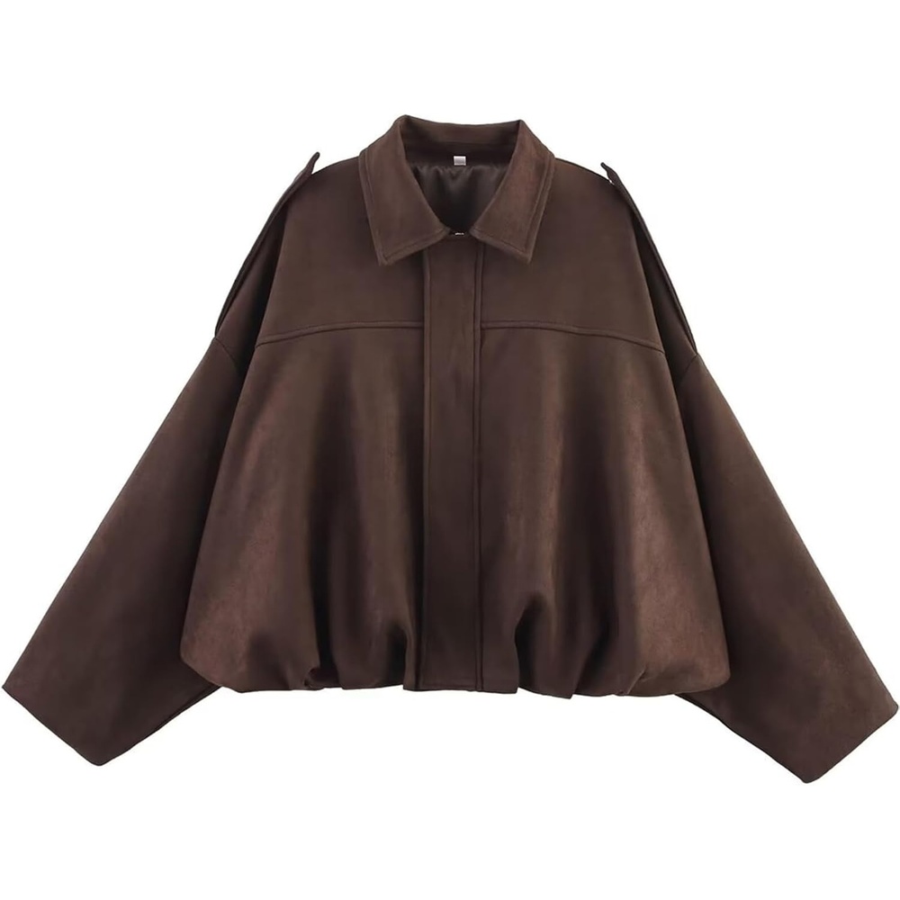 image:imageWomen Faux Suede Bomber Jacket Oversized Cropped Fall Winter CoatCoffee