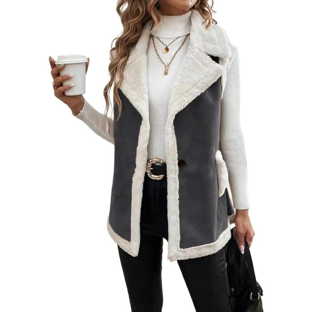 image:imageWomen Sherpa Vest Fall Winter Faux Fur Suede Vest Jacket Warm CoatDark Grey