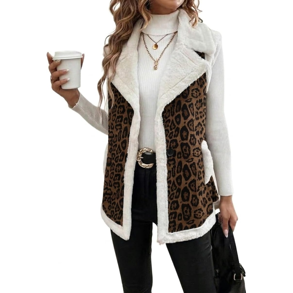 image:imageWomen Sherpa Vest Fall Winter Faux Fur Suede Vest Jacket Warm CoatLeopard