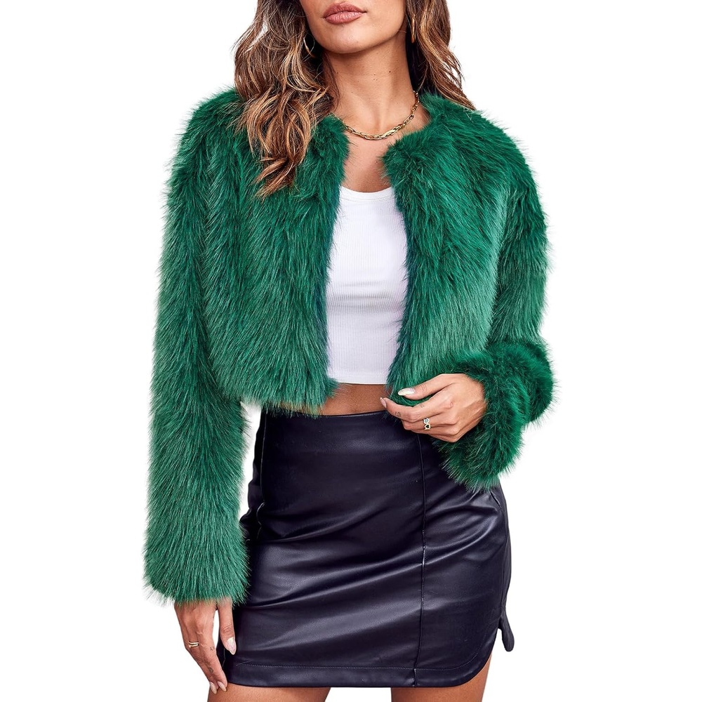 image:imageWomens Cropped Faux Fur Jacket Long Sleeve Fluffy Shaggy Short CoatDark Green