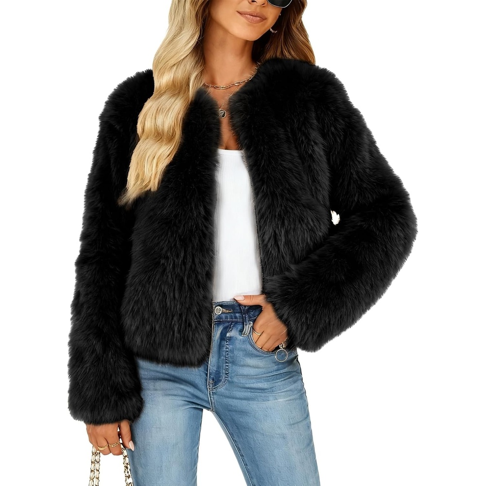 image:imageWomens Faux Fur Coat Winter Warm Cropped Jacket Trendy Long Sleeve Crew Neck Zip Up OuterwearBlack
