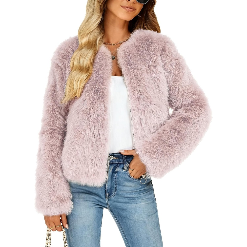 image:imageWomens Faux Fur Coat Winter Warm Cropped Jacket Trendy Long Sleeve Crew Neck Zip Up OuterwearPink