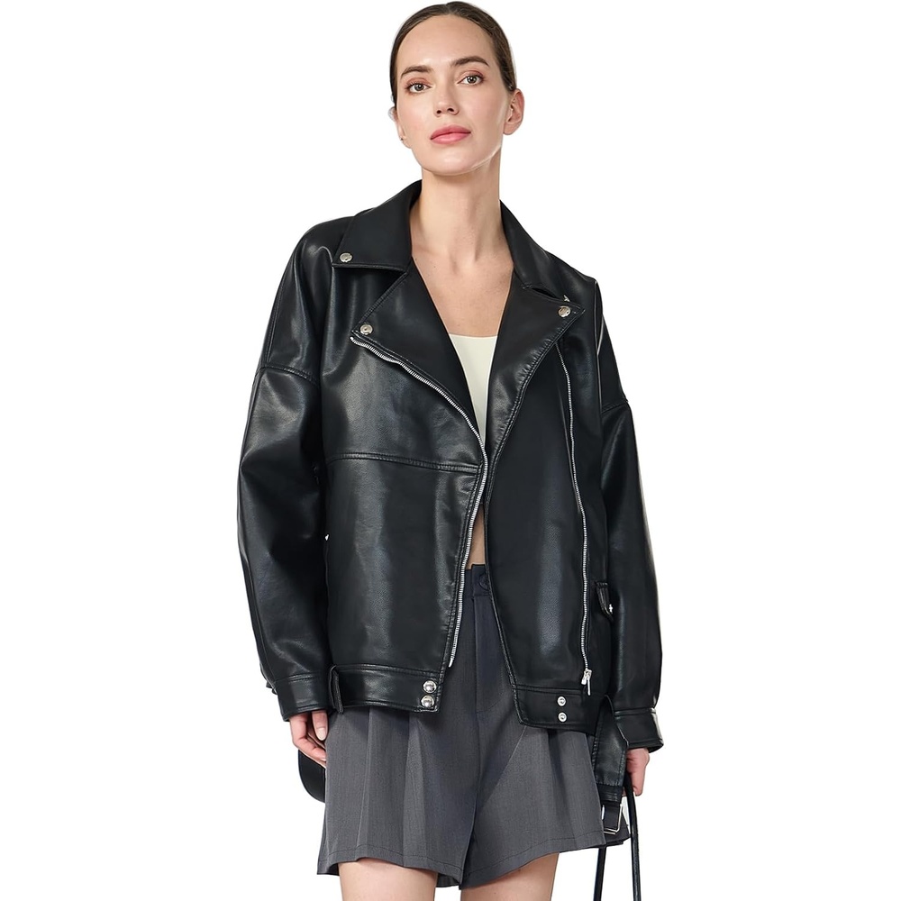 image:imageWomens Faux Leather Jacket Cropped Motorcycle Jacket with BeltsBlack