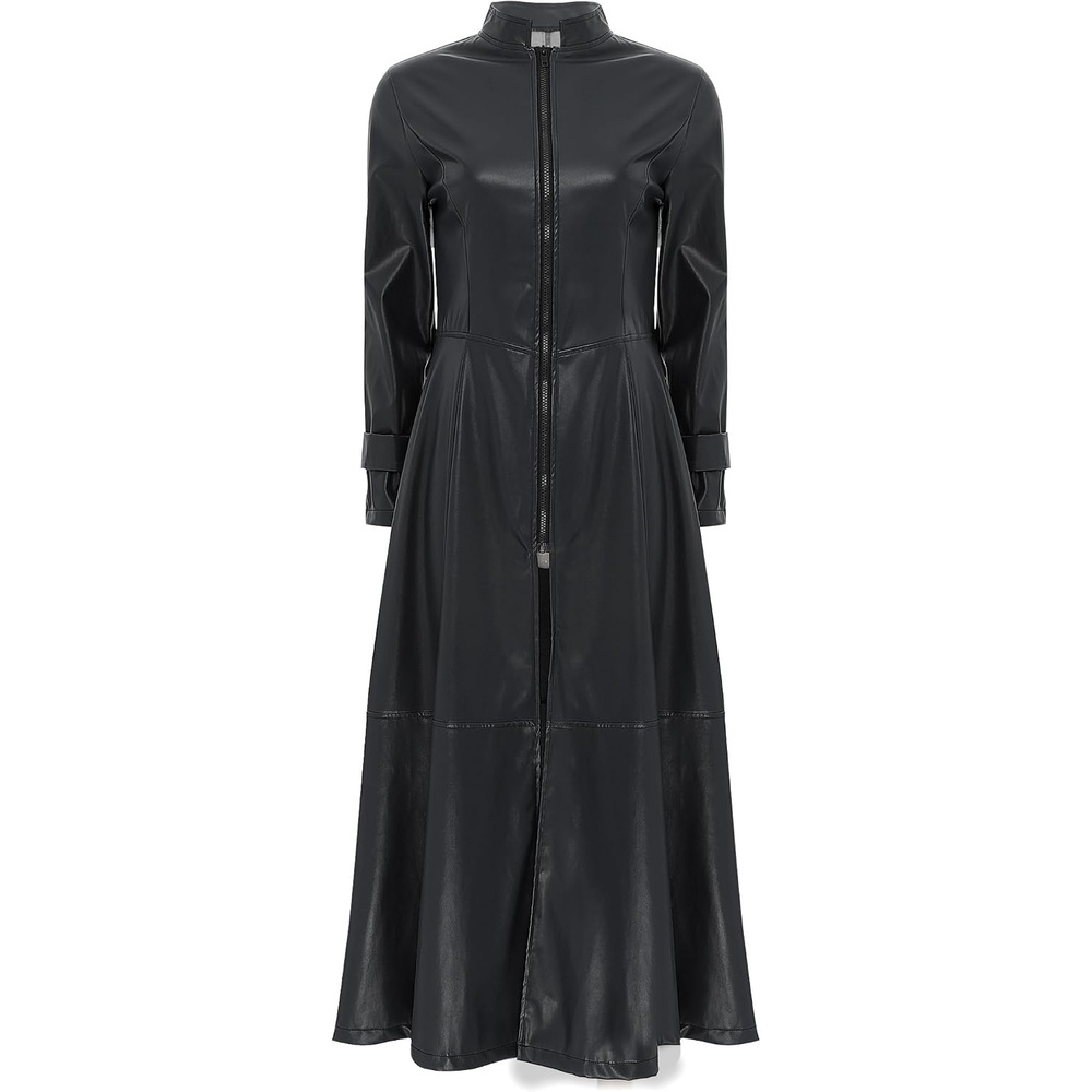 image:imageWomens Faux Leather Jacket Trench Coat Fashion Long Sleeves Full Zipper Ankle Length DressBlack