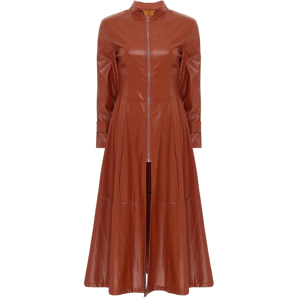image:imageWomens Faux Leather Jacket Trench Coat Fashion Long Sleeves Full Zipper Ankle Length DressBrown