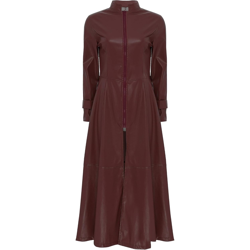 image:imageWomens Faux Leather Jacket Trench Coat Fashion Long Sleeves Full Zipper Ankle Length DressBurgundy