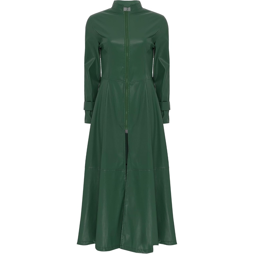 image:imageWomens Faux Leather Jacket Trench Coat Fashion Long Sleeves Full Zipper Ankle Length DressDark Green
