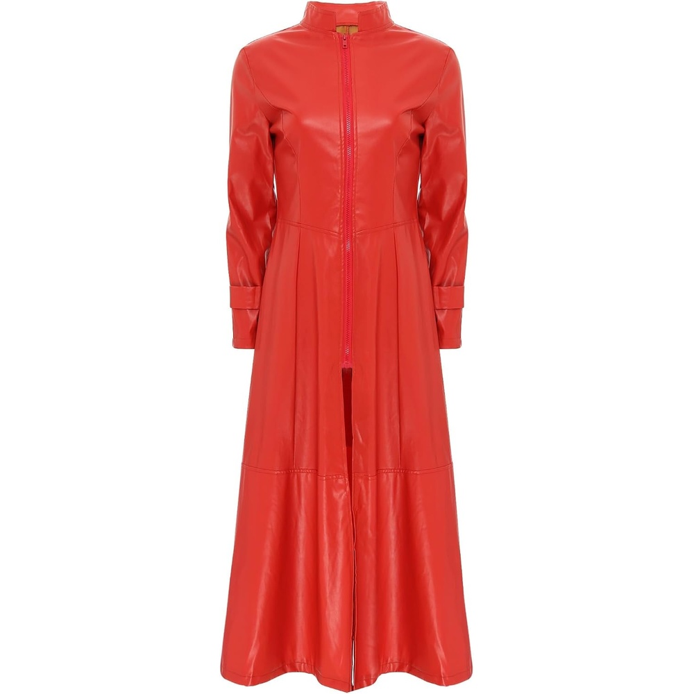 image:imageWomens Faux Leather Jacket Trench Coat Fashion Long Sleeves Full Zipper Ankle Length DressRed