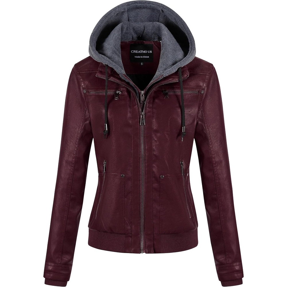 image:imageWomens Faux Leather Jacket Waterproof Motorcycle Bomber Jacket Vintage PU Moto Biker Coat With Removable HoodBurgundy