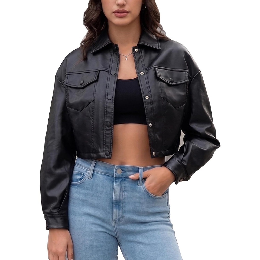 image:imageWomens Faux Leather Moto Biker Jacket Crop Punk Rivet Coat with Belt Short PU Leather OuterwearBlack2