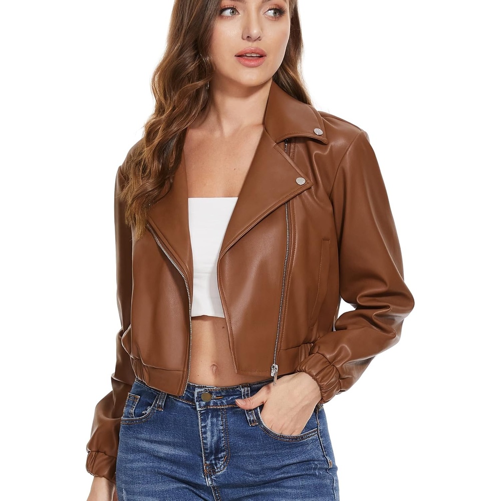image:imageWomens Faux Leather Moto Jacket Black Brown and Coffee S to XXLBrown