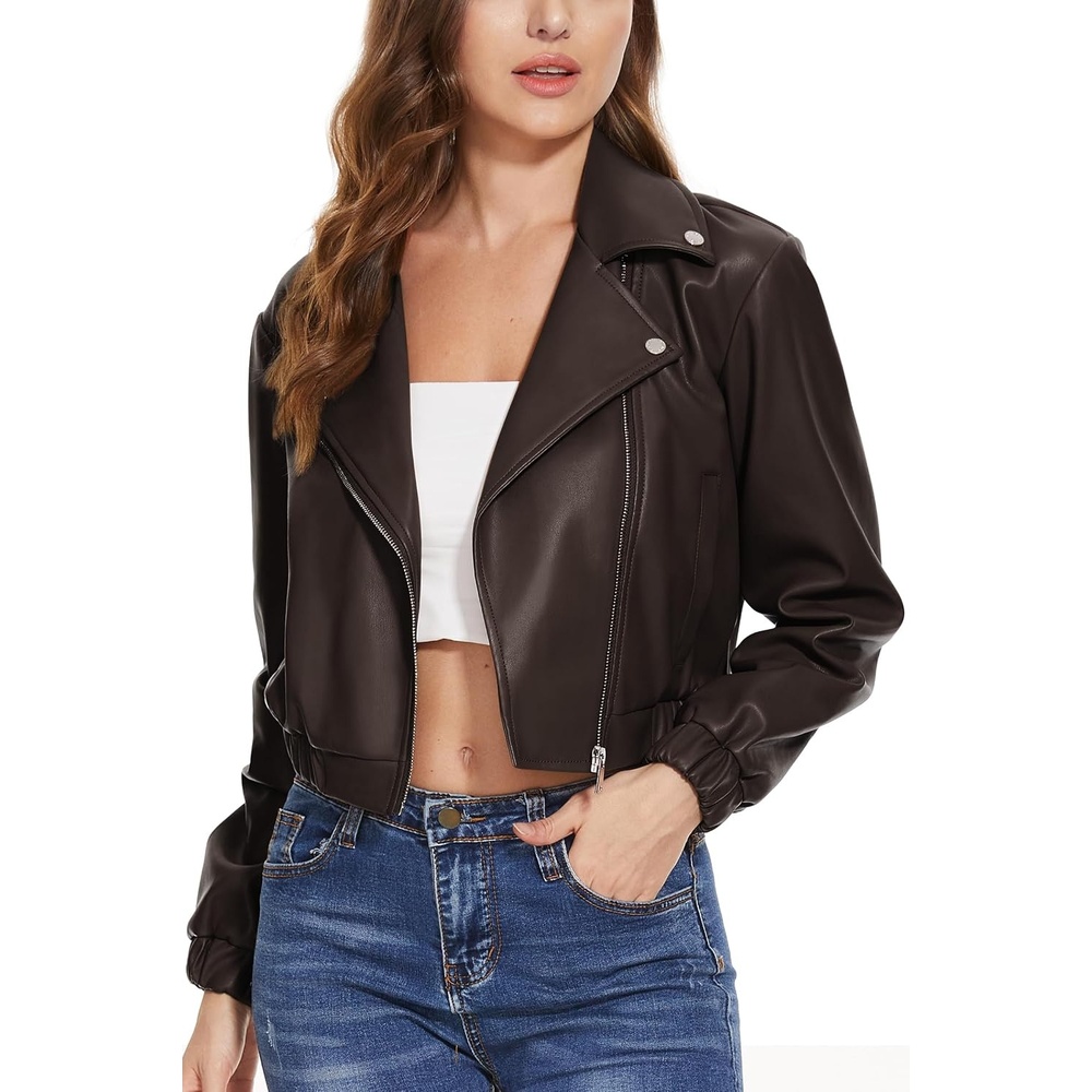 image:imageWomens Faux Leather Moto Jacket Black Brown and Coffee S to XXLCoffee