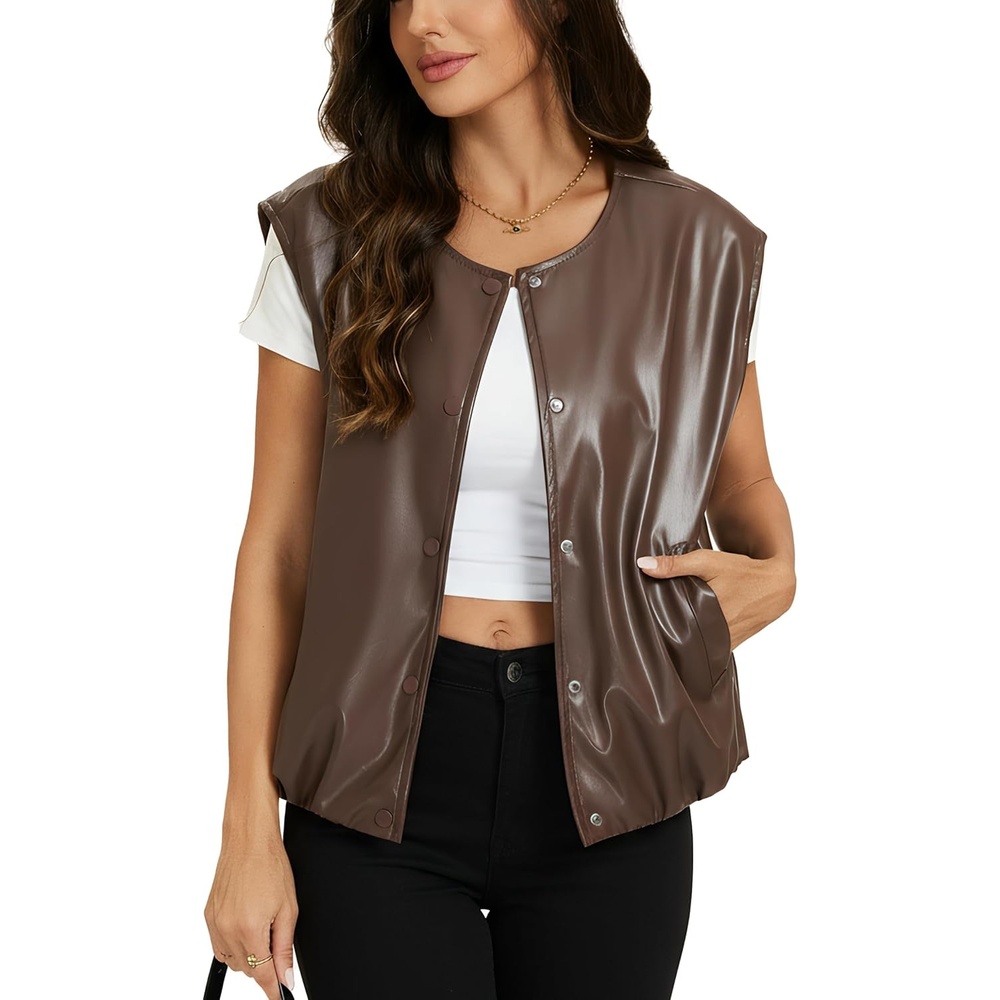 image:imageWomens Faux Leather Vest Top Motorcycle Biker Sleeveless JacketBrown