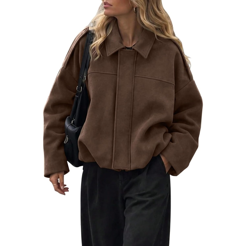 image:imageWomens Faux Suede Bomber Jacket Fall Oversized Long Sleeve CoatsCoffee