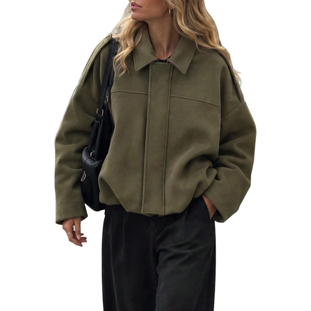 image:imageWomens Faux Suede Bomber Jacket Fall Oversized Long Sleeve CoatsGreen