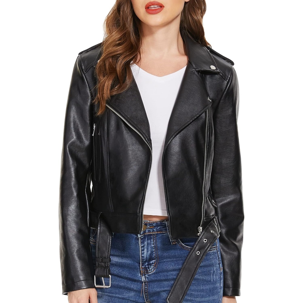 image:imageWomens Lapel Faux Leather Moto Jacket Multiple Colors SXXLBlack3z