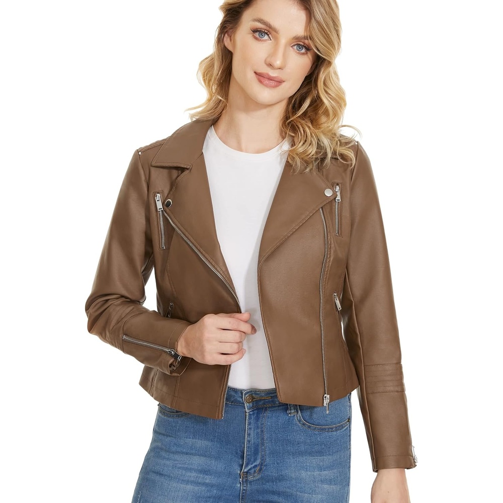 image:imageWomens Lapel Faux Leather Moto Jacket Multiple Colors SXXLCamel