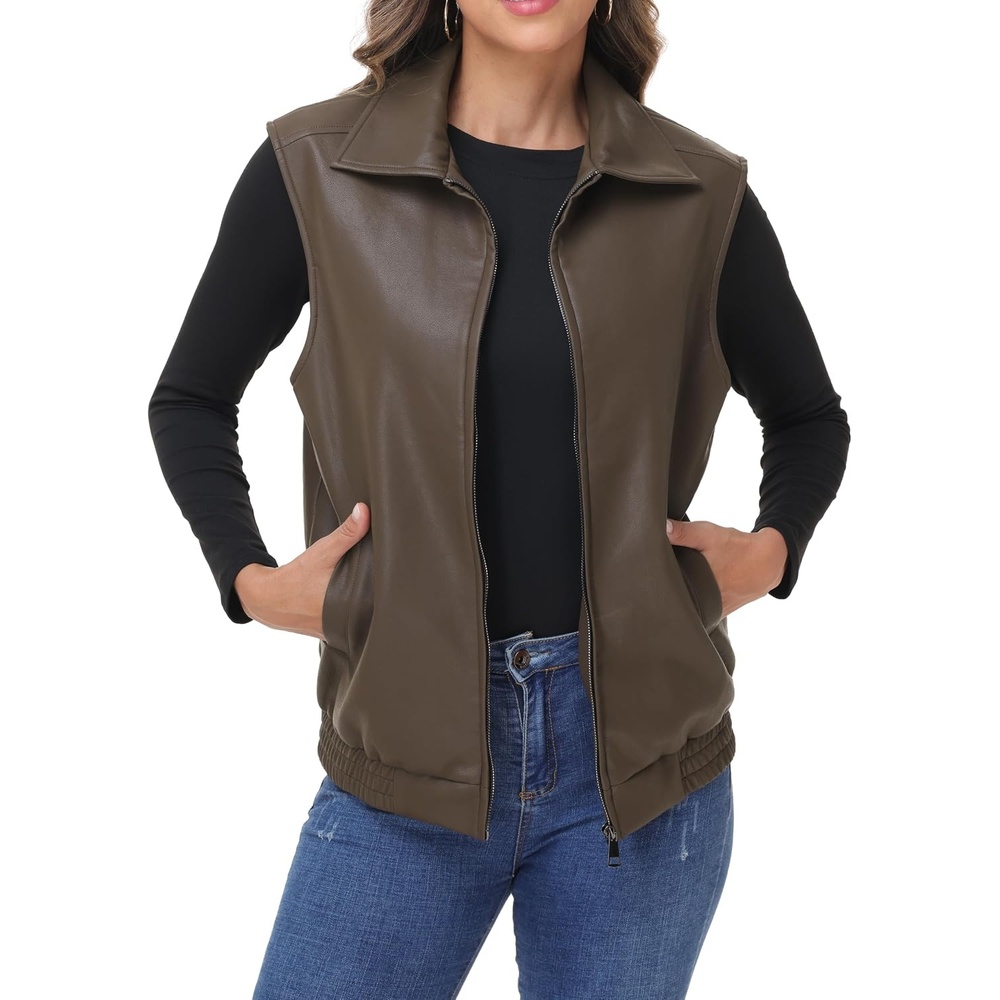 image:imageWomens Oversized Leather Vest Sleeveless WaistcoatBrown