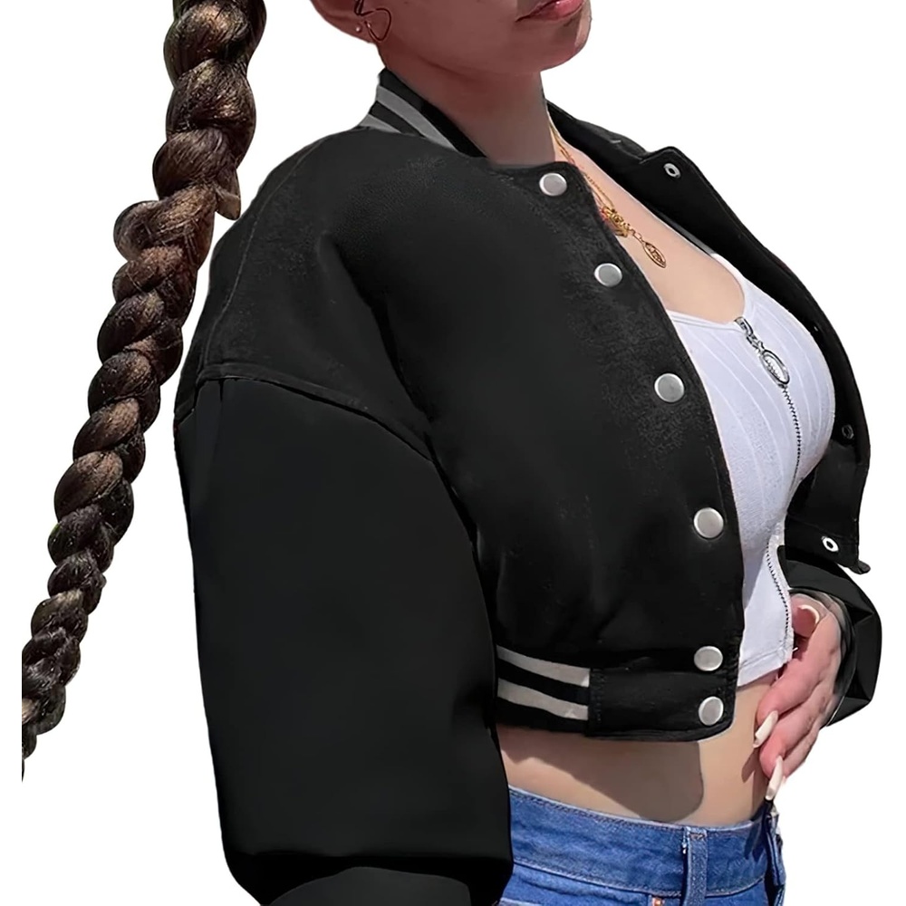 image:imageXaspee Womens Cropped Varsity Jacket Color Block Baseball JacketBlack