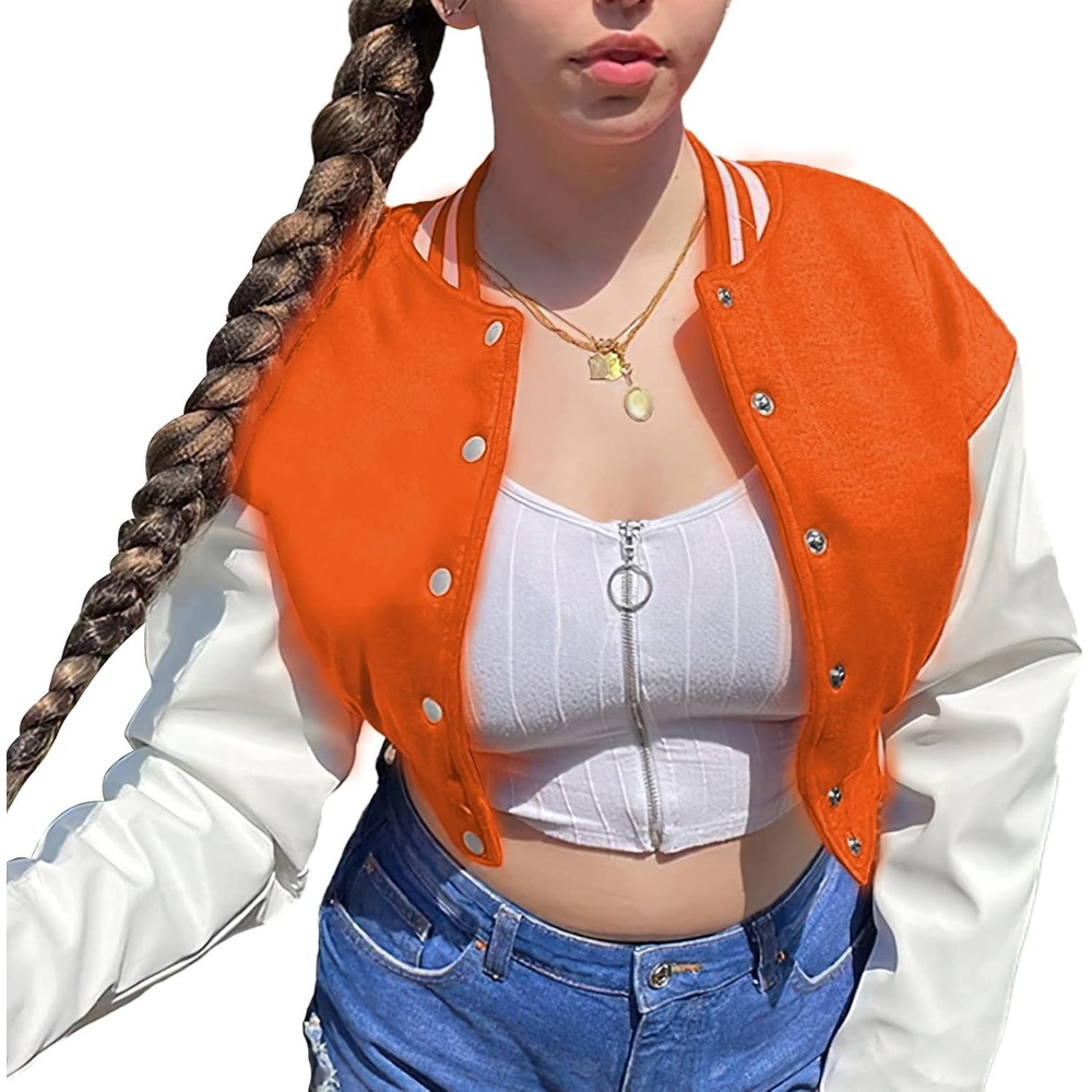 image:imageXaspee Womens Cropped Varsity Jacket Color Block Baseball JacketOrange