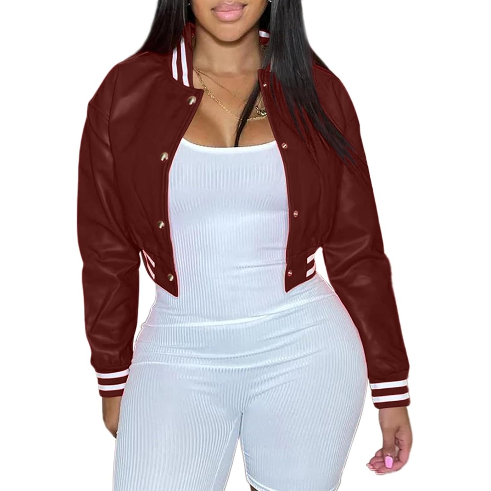 image:imageXaspee Womens Faux Leather Varsity Jacket Cropped Baseball Bomber JacketBurgundy