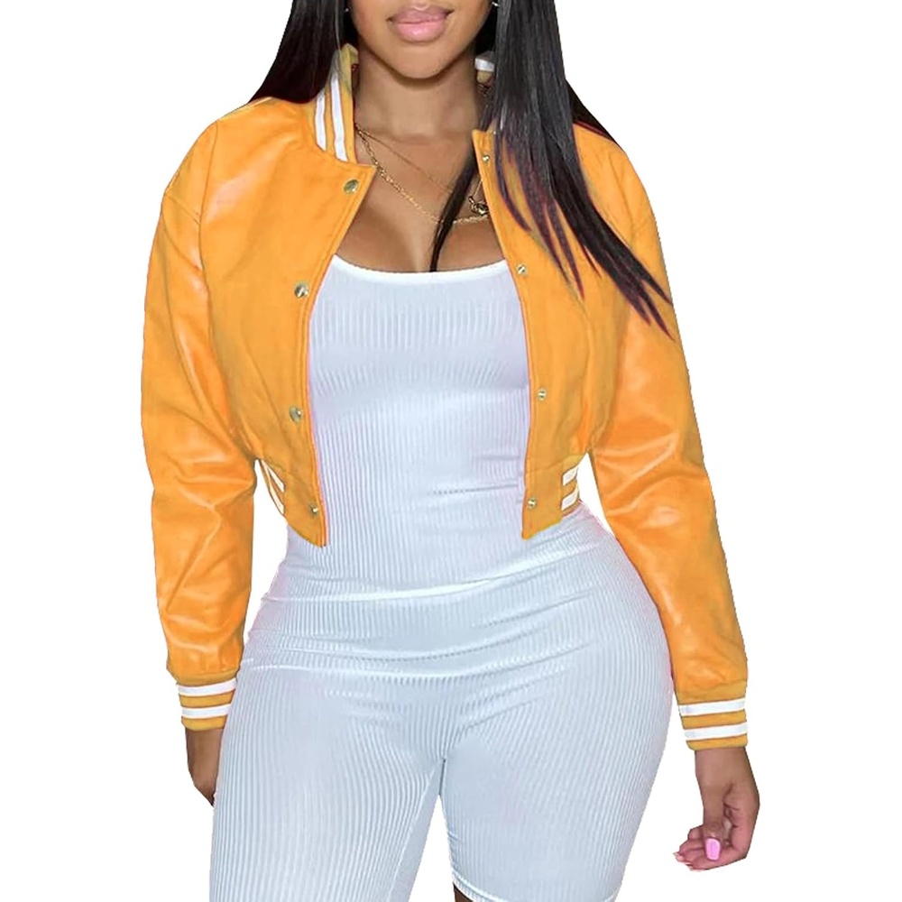 image:imageXaspee Womens Faux Leather Varsity Jacket Cropped Baseball Bomber JacketYellow