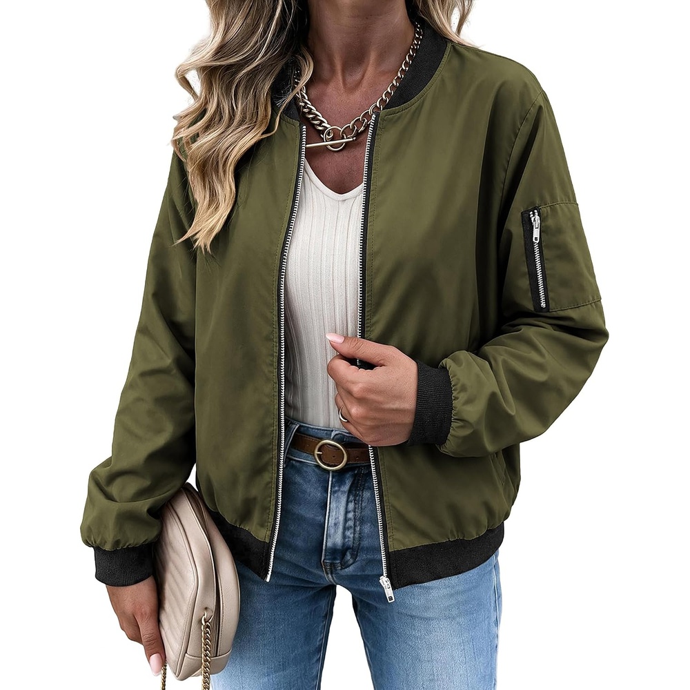 image:imageZeagoo Women Bomber Jacket Casual Coats Spring Fall Clothes with PocketsGreen