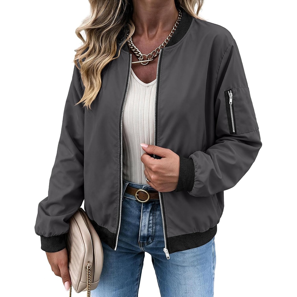 image:imageZeagoo Women Bomber Jacket Casual Coats Spring Fall Clothes with PocketsGrey