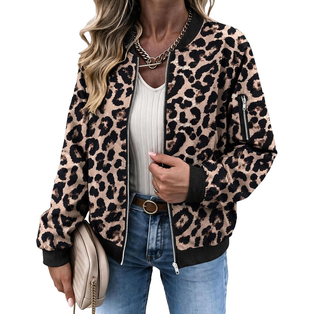 image:imageZeagoo Women Bomber Jacket Casual Coats Spring Fall Clothes with PocketsLeopard Print