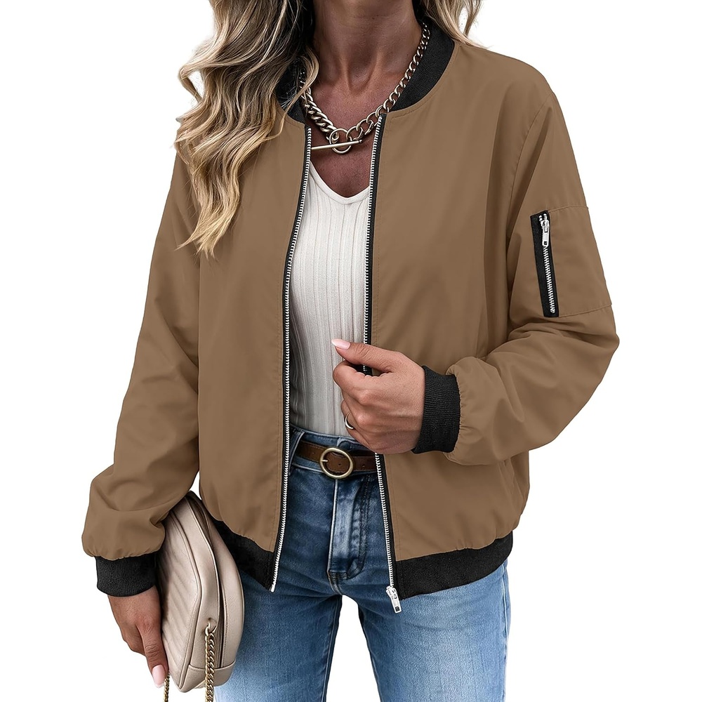 image:imageZeagoo Women Bomber Jacket Casual Coats Spring Fall Clothes with PocketsLight Brown2