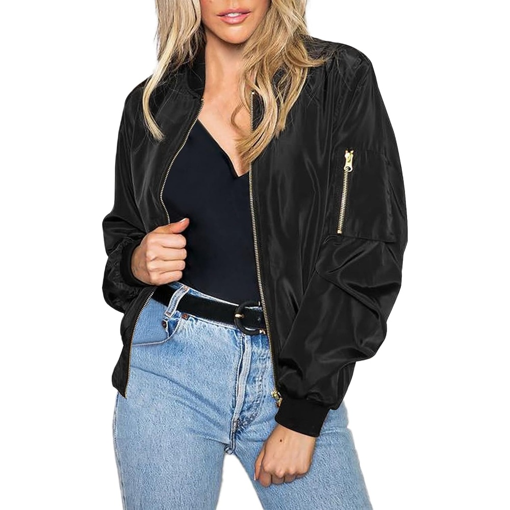 image:imageZeagoo Women Bomber Jacket Casual Coats Spring Fall Clothes with PocketsSatinblack