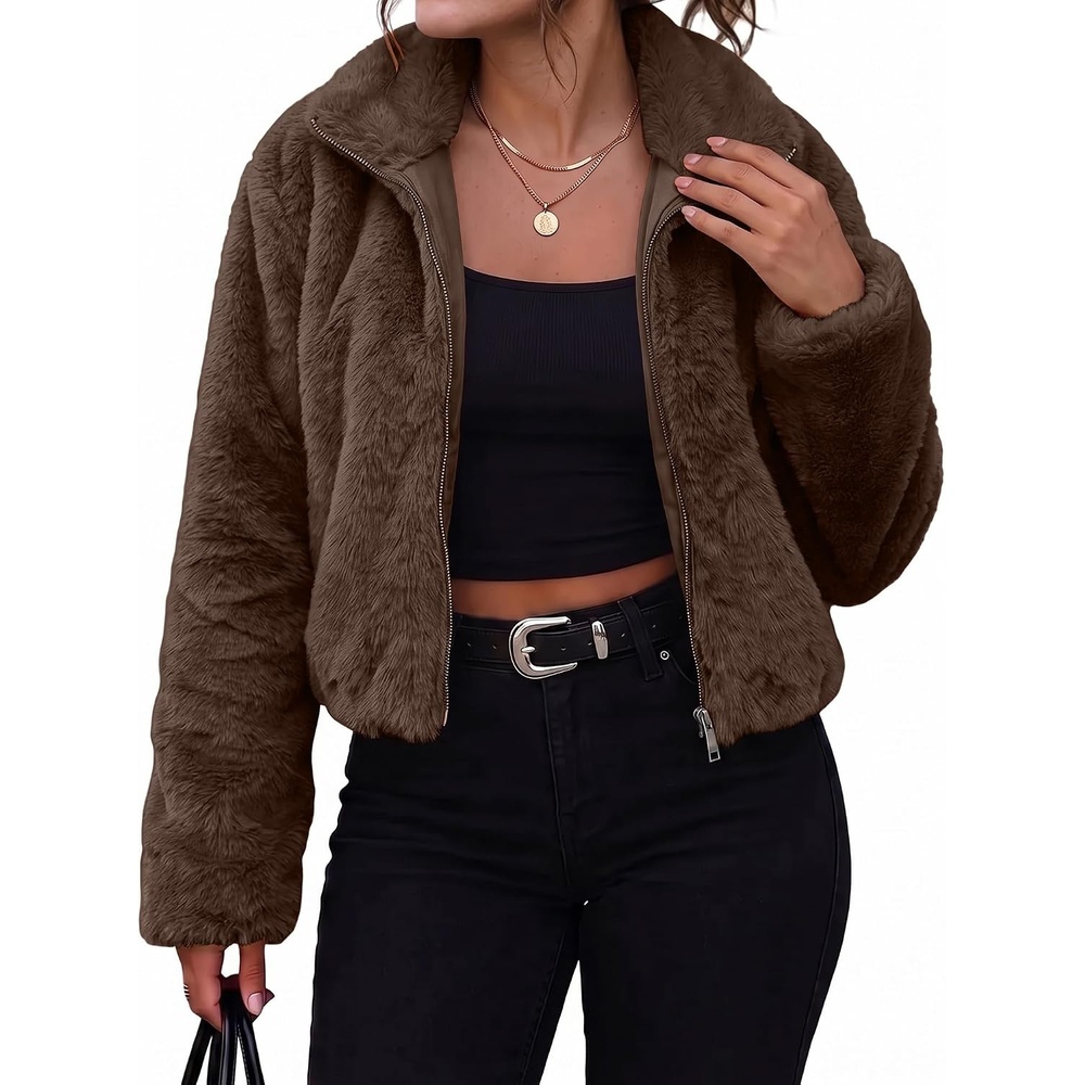 image:imageluvamia Faux Fur Jackets for Women Fall Cropped Coat Fuzzy Winter OuterwearCoffee Brown