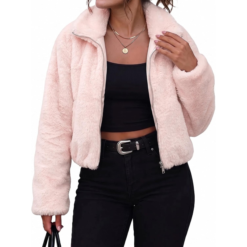 image:imageluvamia Faux Fur Jackets for Women Fall Cropped Coat Fuzzy Winter OuterwearLight Pink