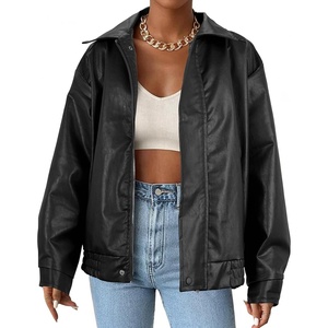 American Trends Womens Faux Leather Jackets Oversized Motorcycle Bomber Coats Fall Spring Fashion Clothes Winter Outfits(Black)